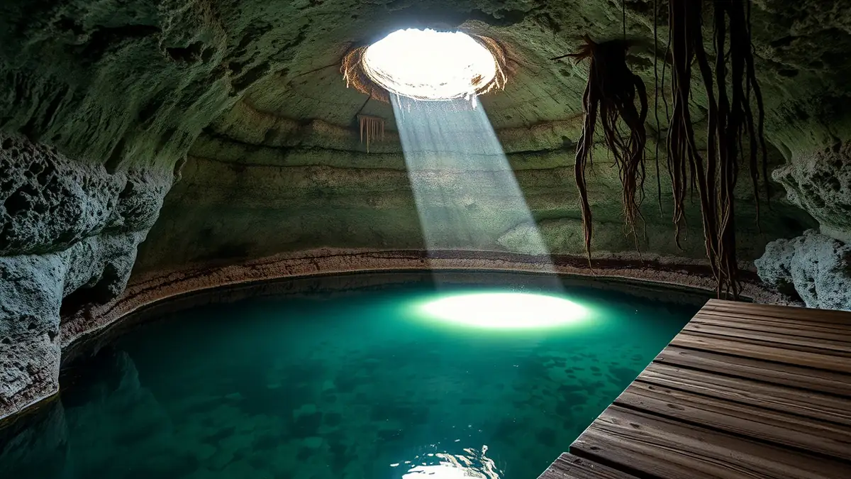 Unterirdische Cenote mit Lichtstrahl durch eine Deckenöffnung ins klare Wasser
