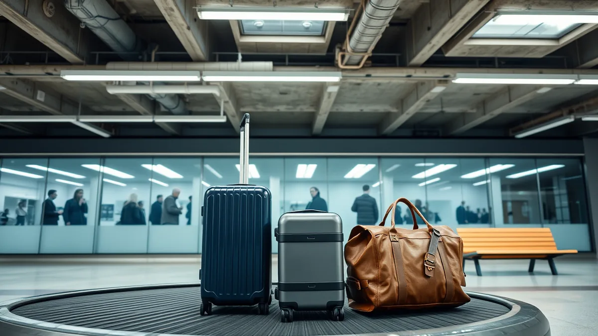 Gepäckband am Flughafen mit Koffern, keine Menschen im Vordergrund